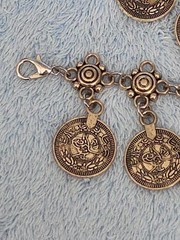 Vintage Bohemian Silver-Toned Coin Bracelet Anklet Dangle Charm ADJ. & Broach.