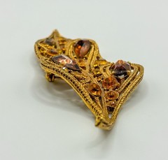 La Roco 1950s Texture Gold Plate Shades of Topaz Rhinestone Leaf Brooch