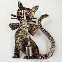 Vintage Sterling Silver Cat Brooch with Sapphires & Ruby Figural MCM Design
