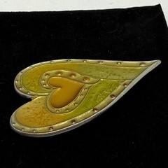 Y2K Vintage Laurel Burch Signed Heart Brooch Green Yellow Enamel Jewelry Pin Art