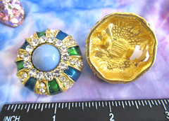 Large Rhinestone Earrings Green Blue Gold Medallion Clip-On Earring NEW