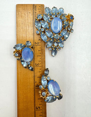 EXTRAORDINARY JULIANA VNT SET EARRINGS BROOCH FAB BLUE CABOCHON CRYSTALS FLOWERS
