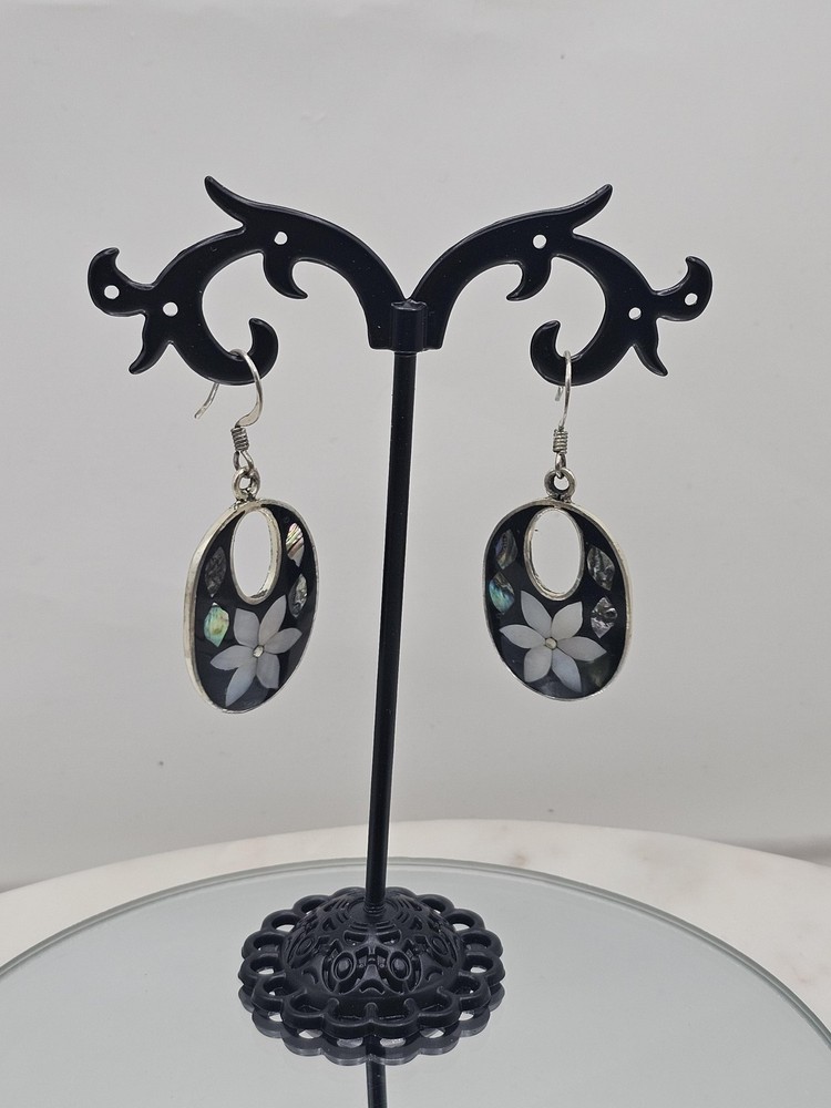 Alpaca Mexico Black Shell Inlay Flower Dangle Earrings Oval Abalone Pearl Boho