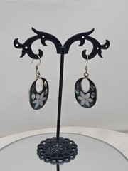 Alpaca Mexico Black Shell Inlay Flower Dangle Earrings Oval Abalone Pearl Boho