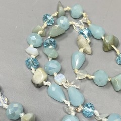 Designer Glass Stone Necklace Blue Chip Teardrop Round Surface Coated Knotted 38