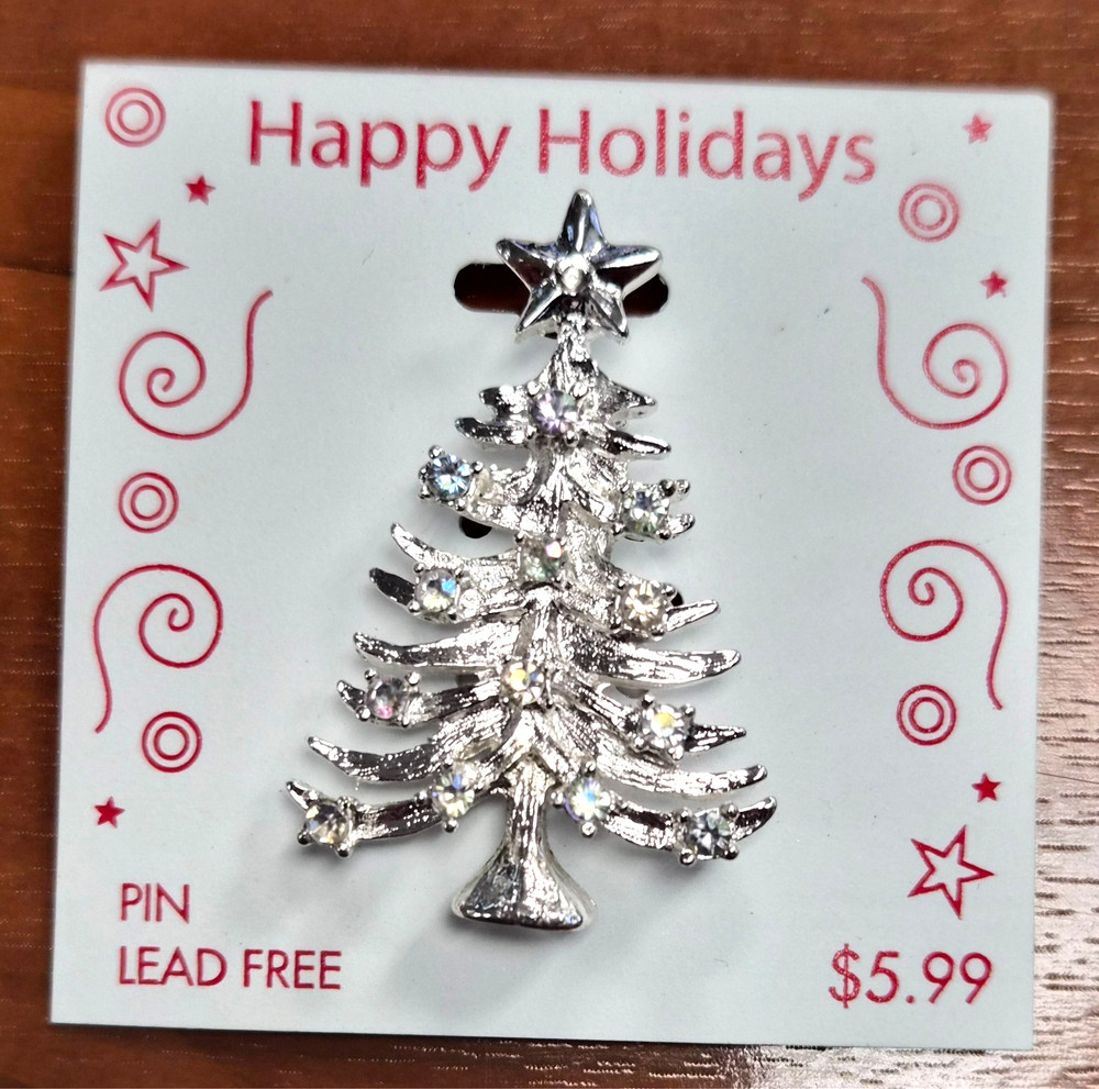 Vintage 90’s Silver Tone Aurora Borealis Rhinestone Christmas Tree Pin / Brooch