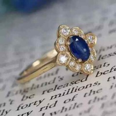 Art Deco Vintage Style Sapphire & Lab Created Diamond Wedding 14k Yellow Gold FN
