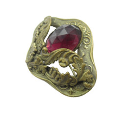 Art Nouveau or Deco Vintage Brass Brooch Pin Purple Glass Stone Old C-clasp