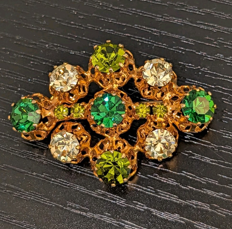 Vintage Made Austria Green Rhinestone Brooch Gold Tone Mid Century