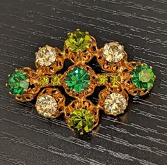 Vintage Made Austria Green Rhinestone Brooch Gold Tone Mid Century