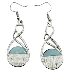 Sky Blue Round Glass Silver Tone Open Metal Drop Dangle Pierced Hook Earrings