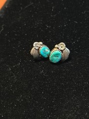 Vintage Turquois Earrings With Flower With Leaf Motif Signed ALV Anna Valencia