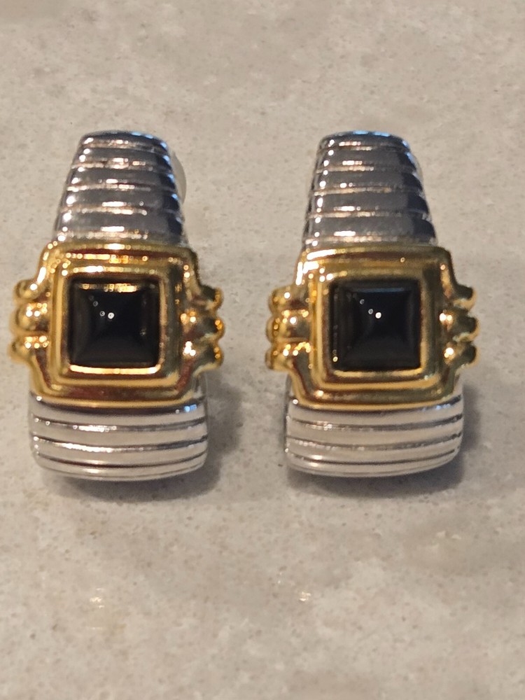 Vintage Joan Rivers Silver Gold Black Enamel Clip On Earrings