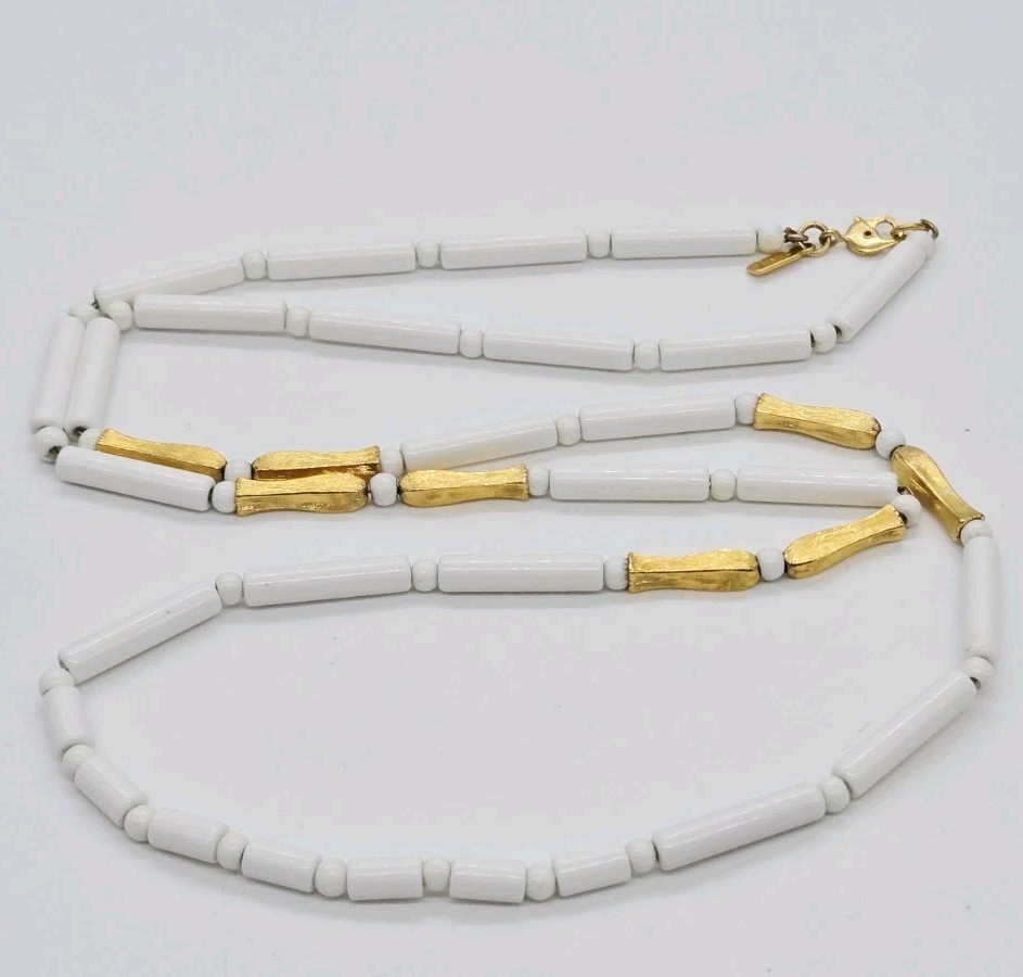 Monet Necklace White Gold Tone Barrel Bead Couture Vintage 32 in