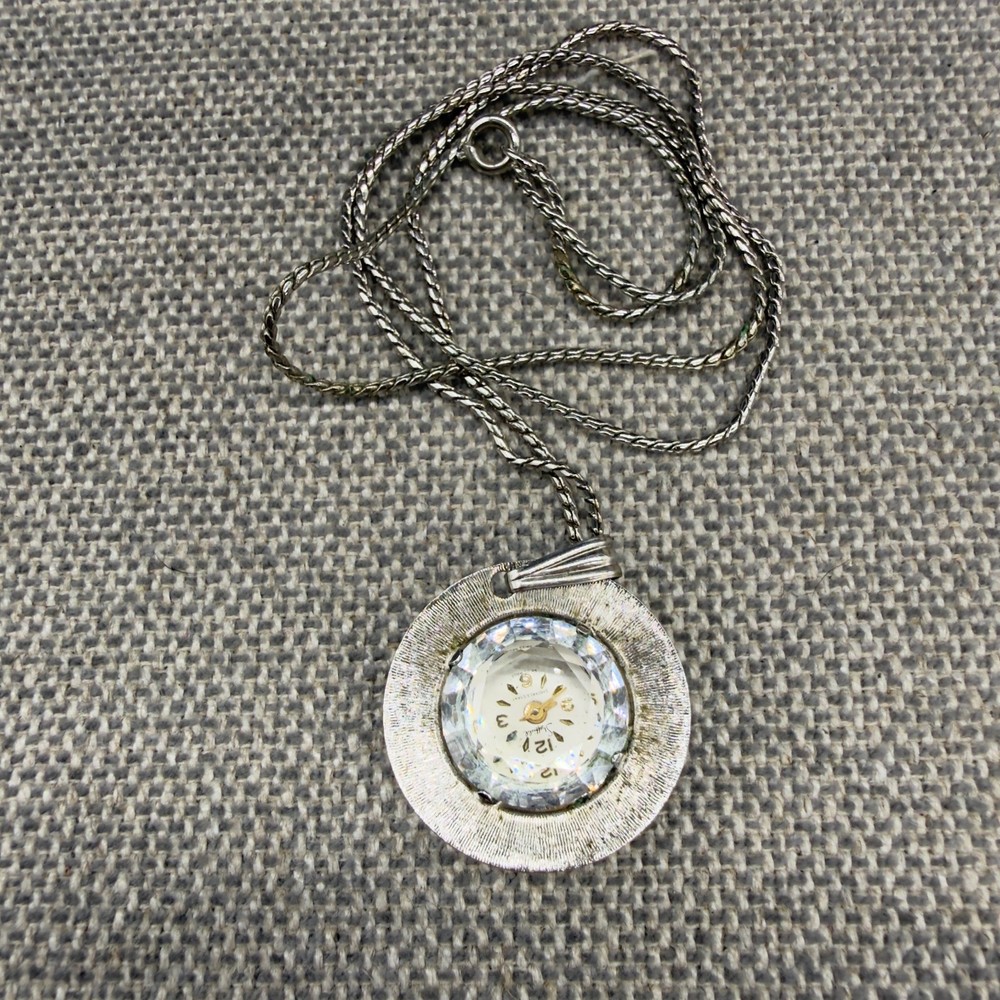 Vintage Sheffield Pendant Watch Necklace Silver Tone Faceted Crystal Face READ