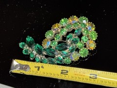 Vintage Brooch Green Marquise and Aurora Borealis Rhinestones AB Prong Set