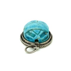 Egyptian Revival Scarab Beetle Vintage Turquoise, Sterling Silver Charm Pendant