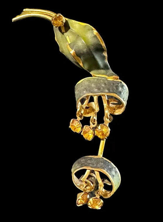 Vintage Made in Austria Green Leaf Flower Pin Rhinestones Gold Crystal Brooch 3”