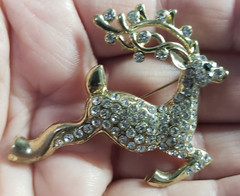Gold Toned Metal Rhinestone Reindeer Ugly Sweater Christmas Party Brooch Jewelry
