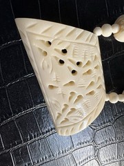 VTG Necklace Natural Carved Bovine Bone Silvertone Barrel Clasp 30” Handcrafted