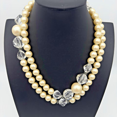 Vtg Monet Faux Pearl Necklace Lucite Crystals Fold over Clasp 42” Flapper