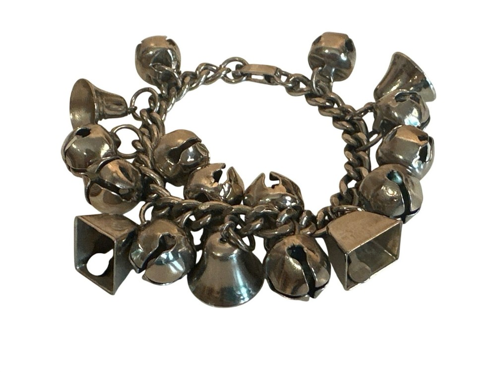 VTG Silver Tone Charm Bracelet Jingle Bells & Geometric Shapes 7 Inches Chunky