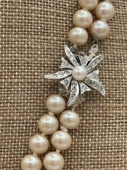Vintage Hand Knotted Faux Pearl Double Strand Rhinestone Floral Clasp Necklace