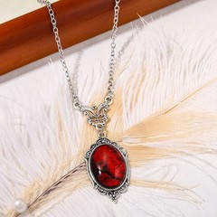 Vintage Red Stone Pendant Necklace Silver Ox Oval Boho Jewelry for Women