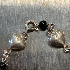 Vintage Sterling Silver Puffed Heart And Black Onyx Bead Link Bracelet
