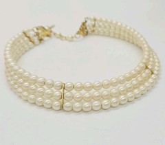 Faux Pearl Choker Necklace Three Row Gold tone Vintage Beaded Victorian