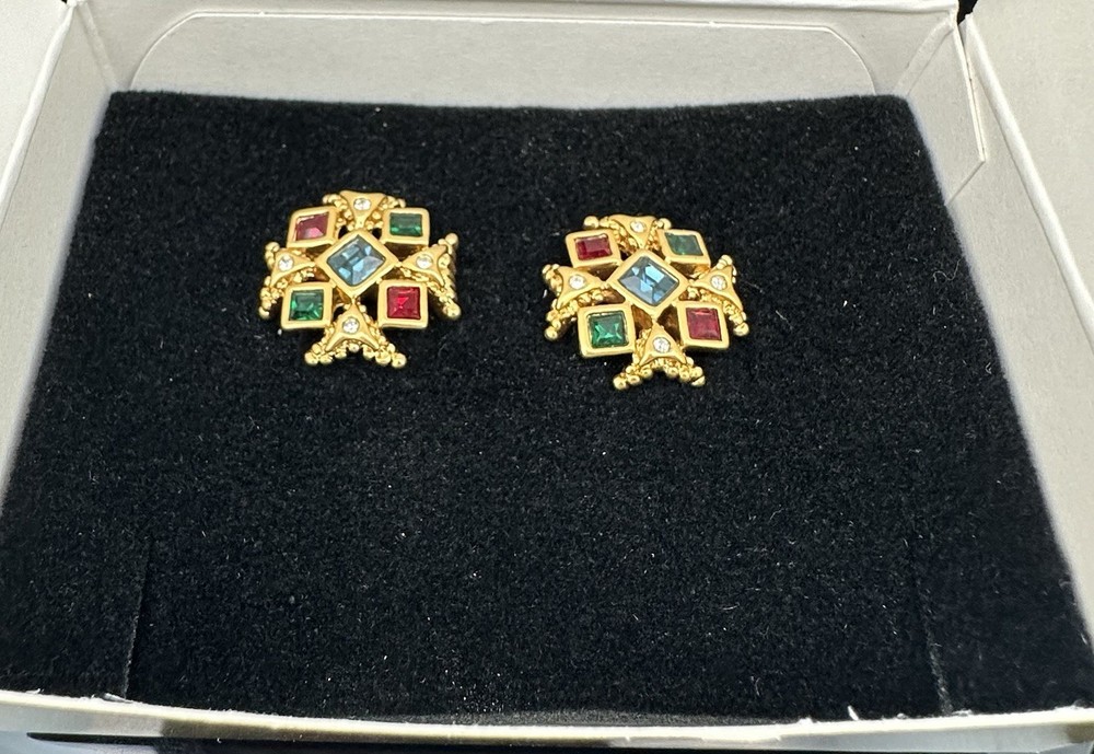 Avon Earrings Maltese Cross Multicolor Rhinestones Gold Tone Pierced NIB Vtg NOS