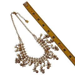 Y2K Bib Fringe Necklace Egyptian Revival Faux Pearl Gold Tone Victorian Vintage
