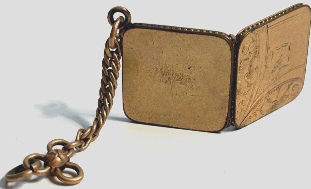 Victorian 6g Gold Filled Square Locket w/ Chain C&QR Etching Photo Cover Intact