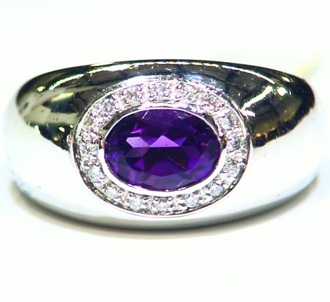 Video 14K Solid White Gold Natural Amethyst Diamond Halo Engagement Ring Retro