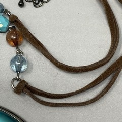Pendant Necklace Blue Brown Glass Beads Acrylic Teardrop Brown Cord Chain Collar