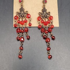Ornate Red and Copper Chandelier Post Dangle Shoulder Duster Earrings 2.5″