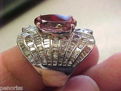 Spectacular Salmon Tourmaline & Baguette Diamond Ring 14k W.G. 6.5 Make Offer