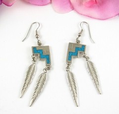 TURQUOISE CHIP Dangling FEATHER EARRINGS Vintage Pierced SW 92 Silvertone 3″