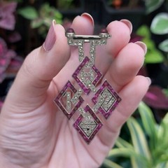 Square Shape Ruby and Studded CZ 925 Sterling Silver Evening Wear Pin Brooch