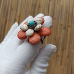 Bohemian Chunky Ring 3d Flower White Turquoise & Orange Gemstone Natural New