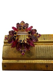 Vtg Rhinestone Brooch Amethyst Purple Fuchsia Pink Gold Plate Navette Marquis B4