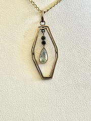 Antique 14kt Rolled Gold Pear Shaped Light Blue Art Glass Pendant Necklace