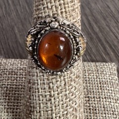 Vintage 925 Sterling Silver Genuine Amber Ring Cognac Cabochon Floral Sz 6.75