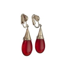Sterling Red Glass Tear Drop Capped Dangle Clip On Earrings J505