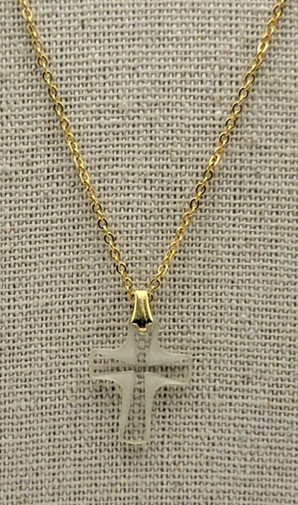 Vintage Gold Tone Chain Clear Glass Cross Necklace 18 Inch Spring Ring Clasp