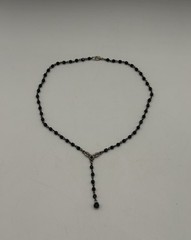 Vintage Style Black Faceted Glass Bead Lariat Y Necklace Silver Tone Floral Drop