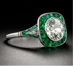 Vintage Art Deco Style Lab Created Diamond & Emerald Engagement 925 Silver Ring