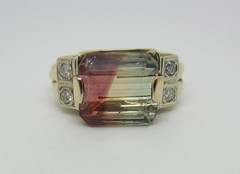 14K Yellow Gold Vintage 6.0 Carats Natural Bicolor Tourmaline Diamond Ring 6.25