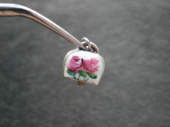 TINY Rose Flowers Cow Bell Vintage 800 Silver Guilloche Enamel Charm Pendant