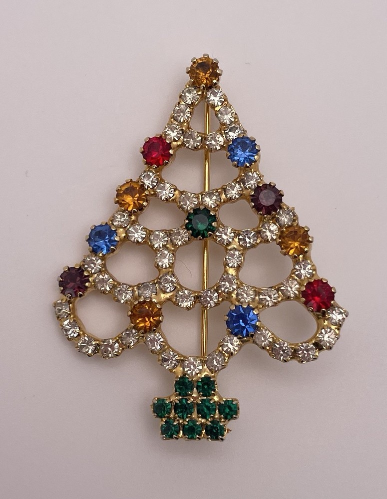Vintage Christmas Tree Multi-color Rhinestone Gold Tone Brooch